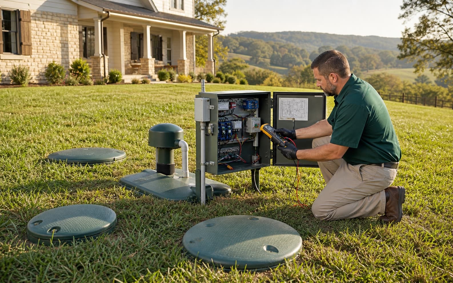 Representative scene of a technician testing an aerobic septic control panel