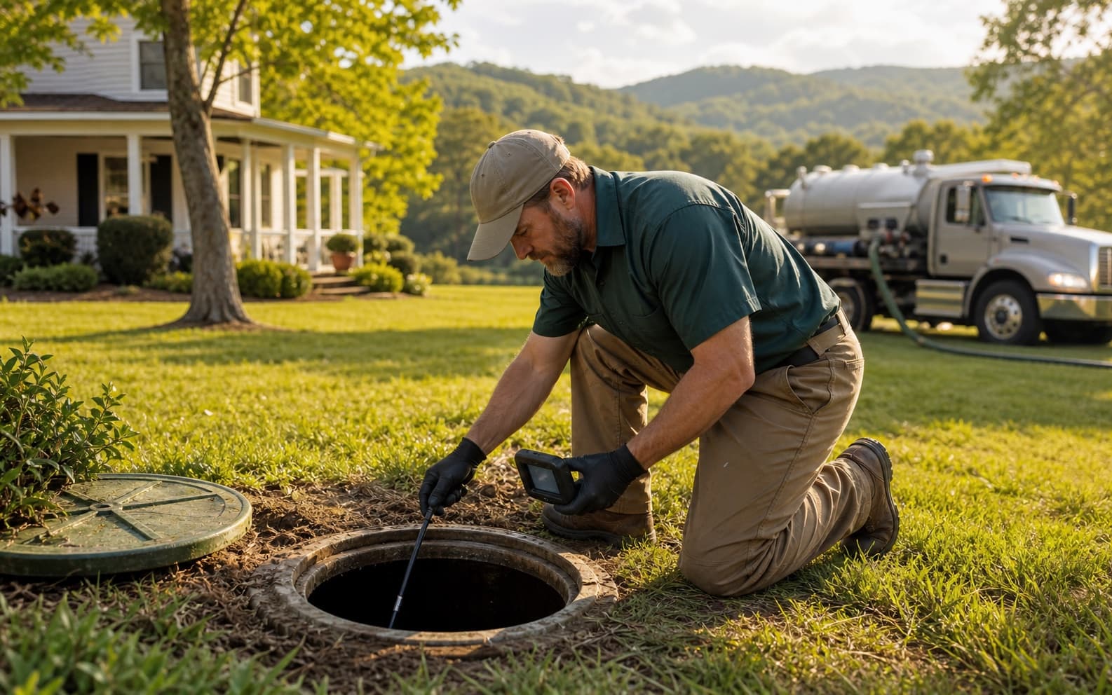 Representative scene of a technician inspecting a residential septic access point